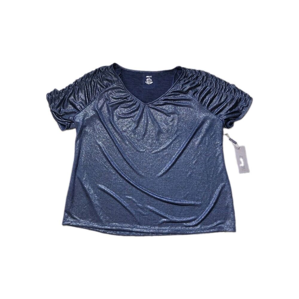 NWT Jennifer Lopez Women's 1X Blue Metallic Shimmer Ruched Sleeve V Neck Top